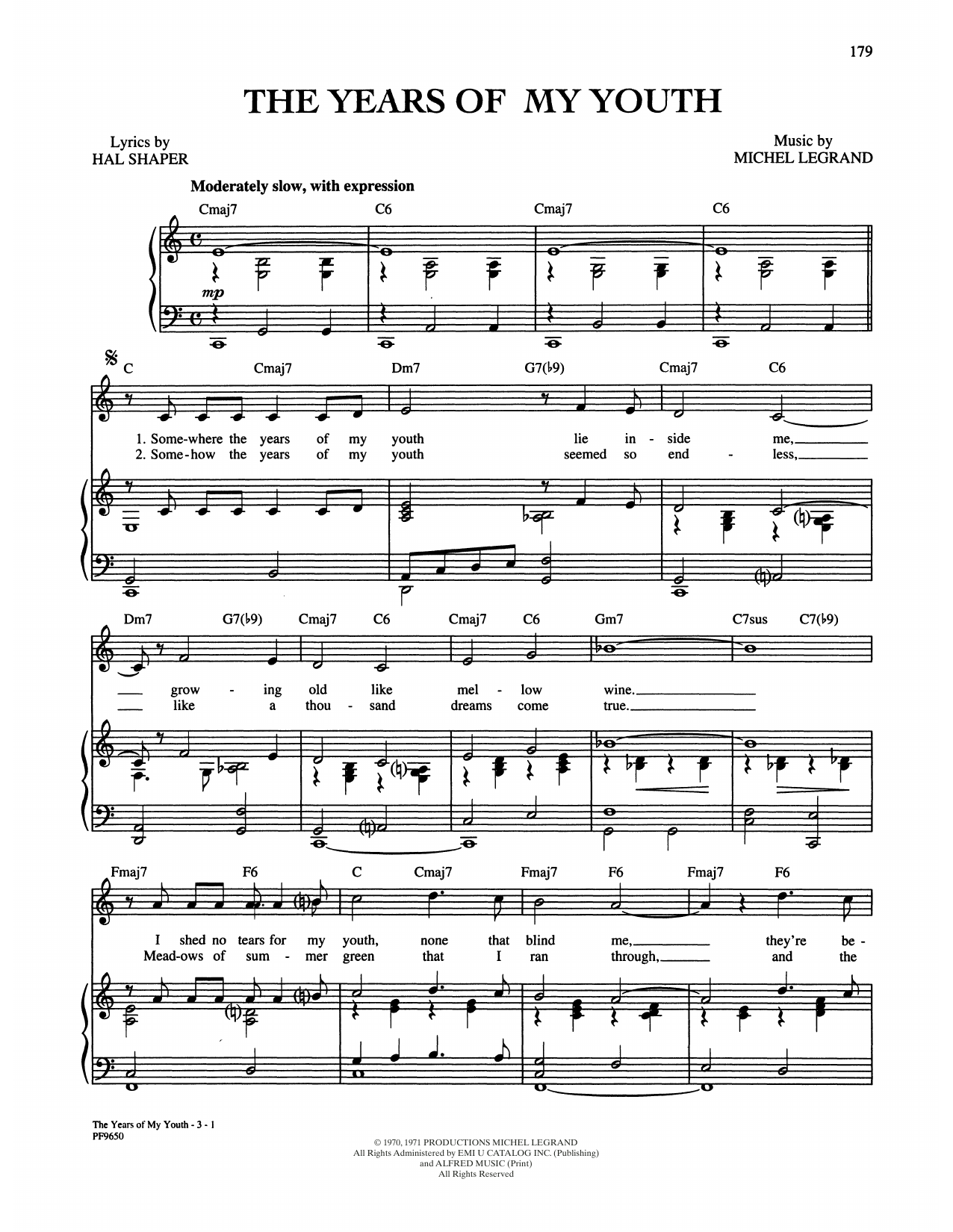 Michel LeGrand Years Of My Youth sheet music notes and chords arranged for Piano, Vocal & Guitar Chords (Right-Hand Melody)