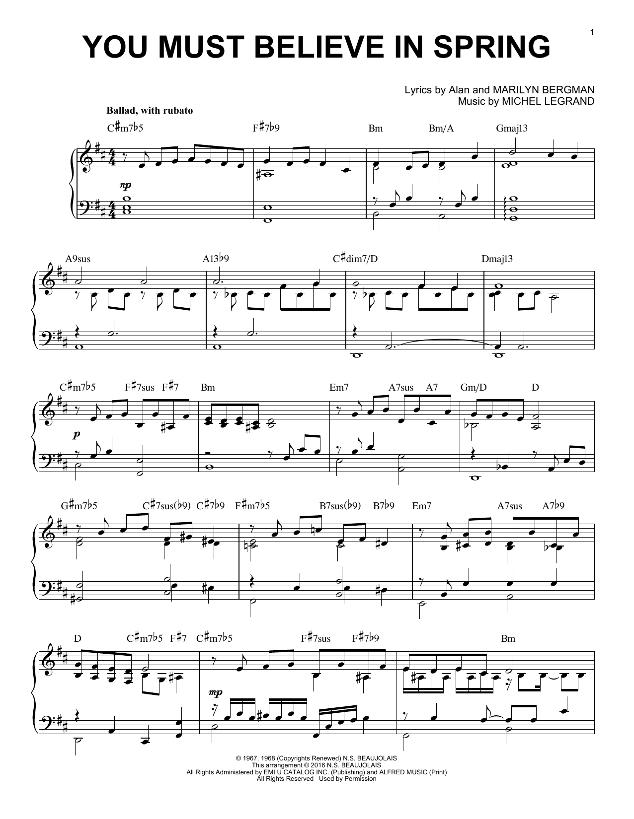 Michel Legrand You Must Believe In Spring [Jazz version] (arr. Brent Edstrom) sheet music notes and chords arranged for Piano Solo