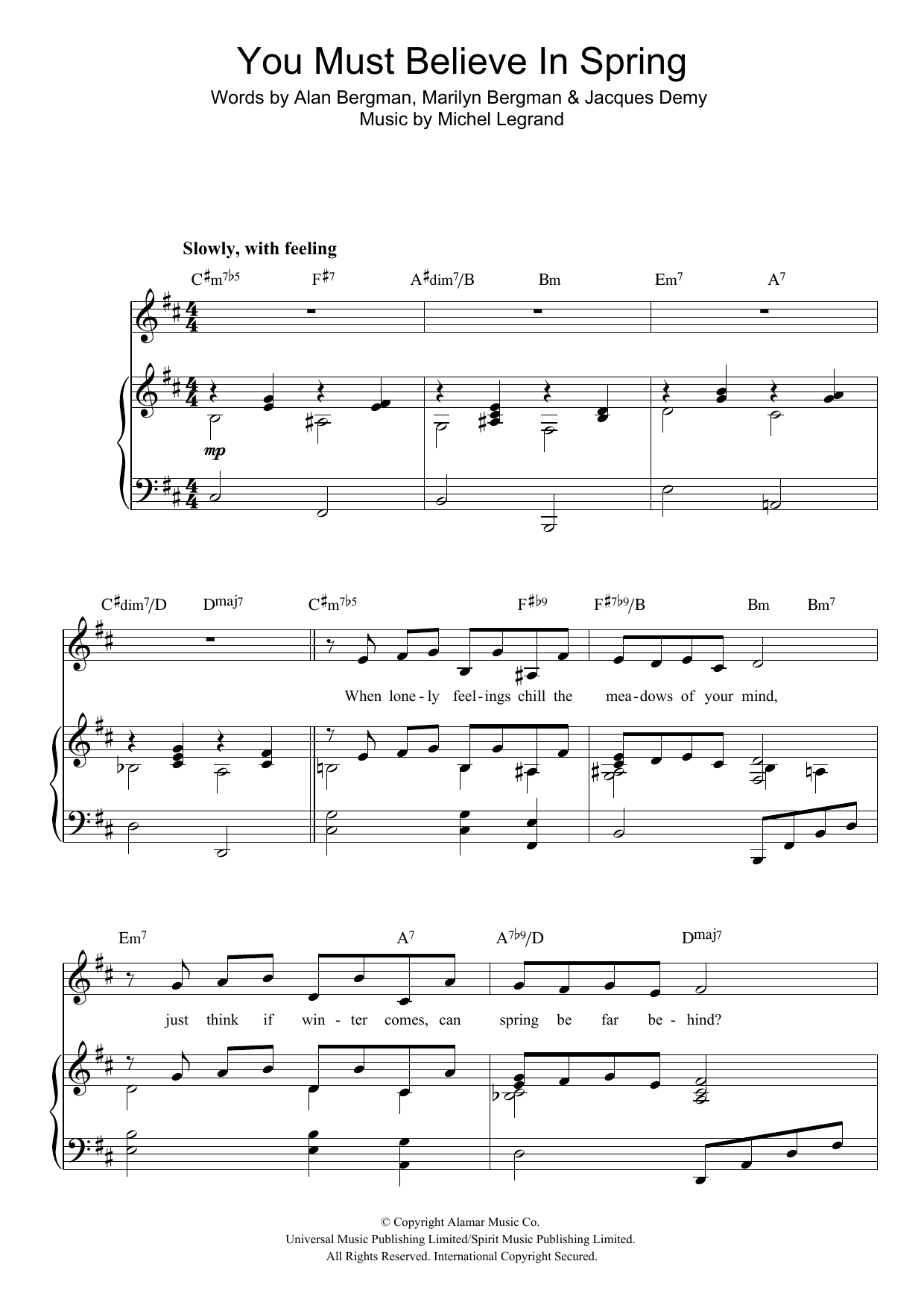 Michel Legrand You Must Believe In Spring sheet music notes and chords arranged for Piano Solo