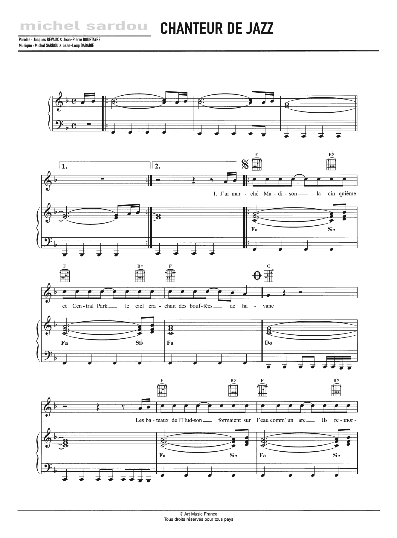 Michel Sardou Chanteur De Jazz sheet music notes and chords arranged for Piano, Vocal & Guitar Chords