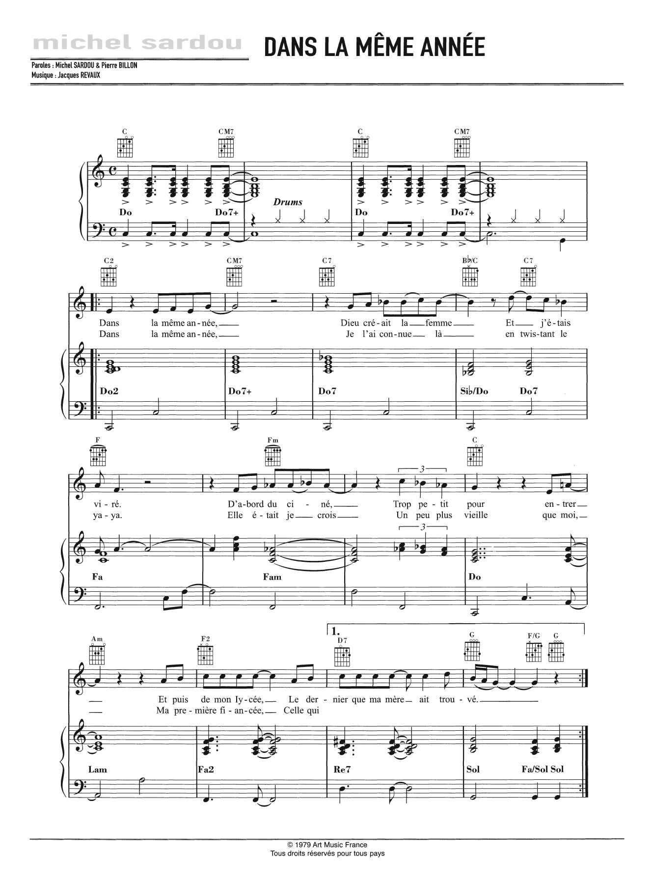 Michel Sardou Dans La Meme Annee sheet music notes and chords arranged for Piano, Vocal & Guitar Chords