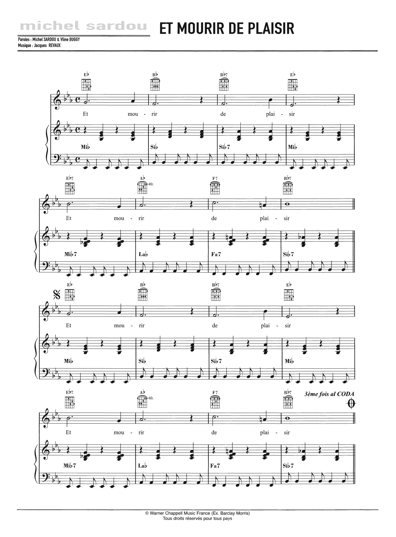 Michel Sardou Et Mourir De Plaisir sheet music notes and chords arranged for Piano, Vocal & Guitar Chords