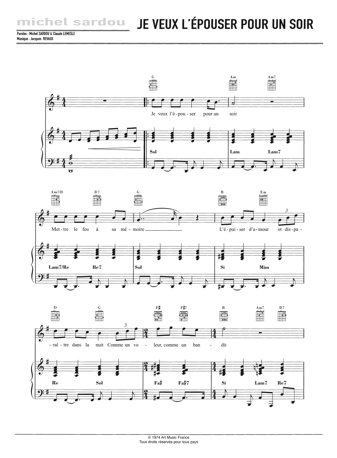 Michel Sardou Je Veux L'Epouser Pour Un Soir sheet music notes and chords arranged for Piano, Vocal & Guitar Chords