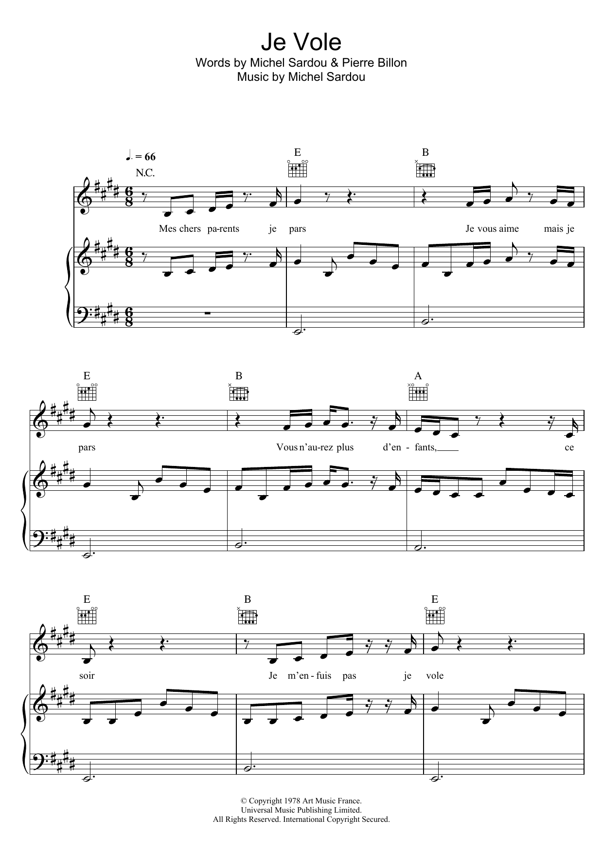Michel Sardou Je Vole sheet music notes and chords arranged for Piano, Vocal & Guitar Chords (Right-Hand Melody)