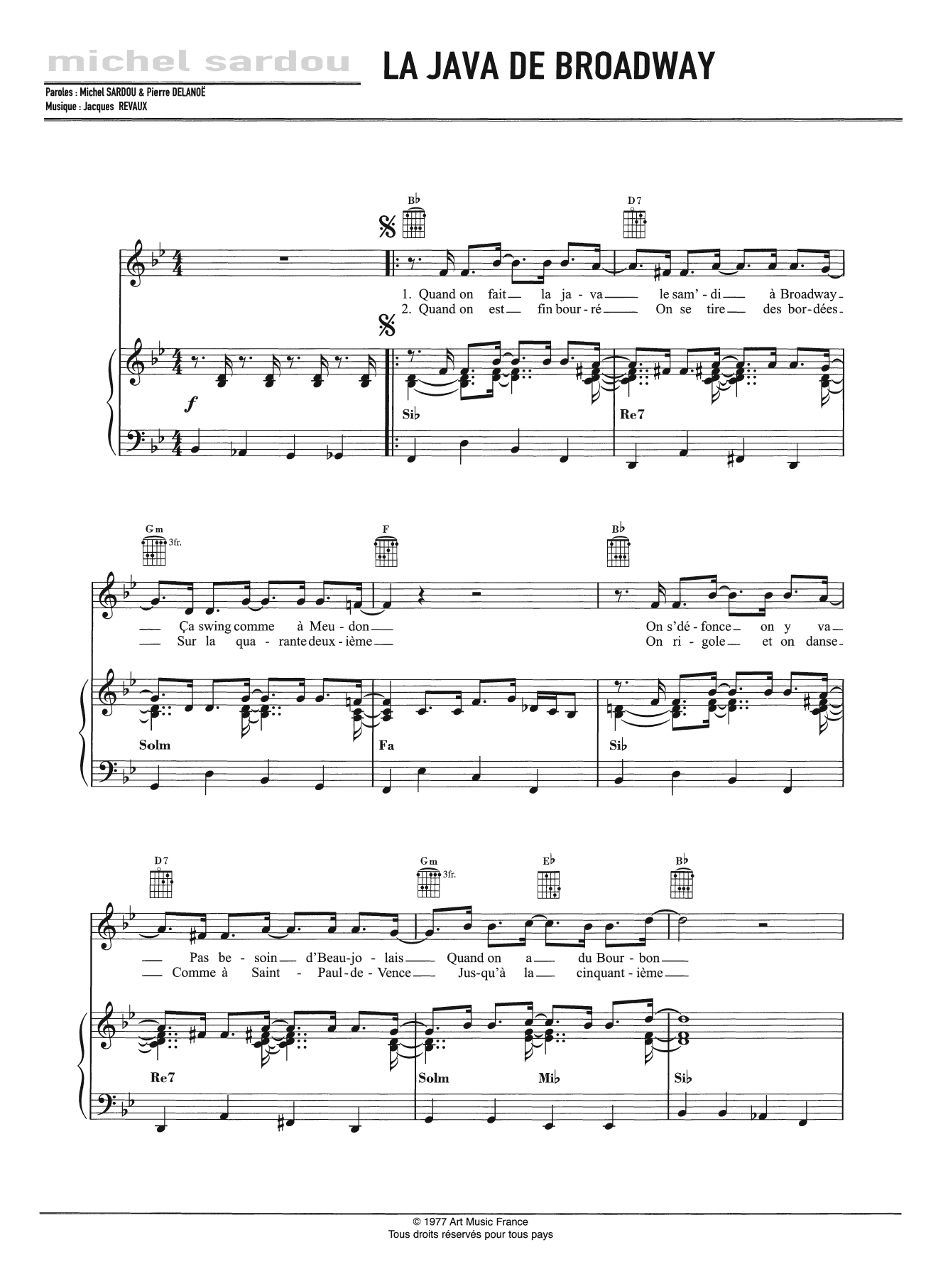 Michel Sardou La Java De Broadway sheet music notes and chords arranged for Piano, Vocal & Guitar Chords