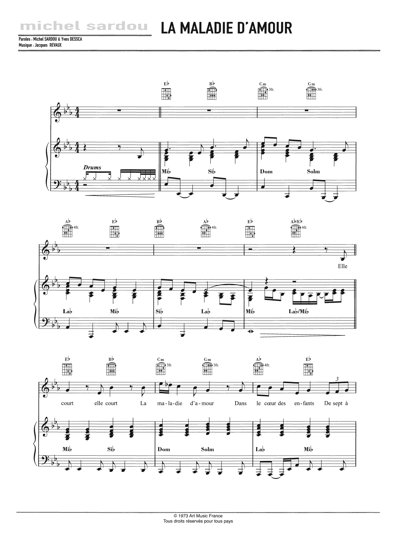 Michel Sardou La Maladie D'Amour sheet music notes and chords arranged for Piano, Vocal & Guitar Chords