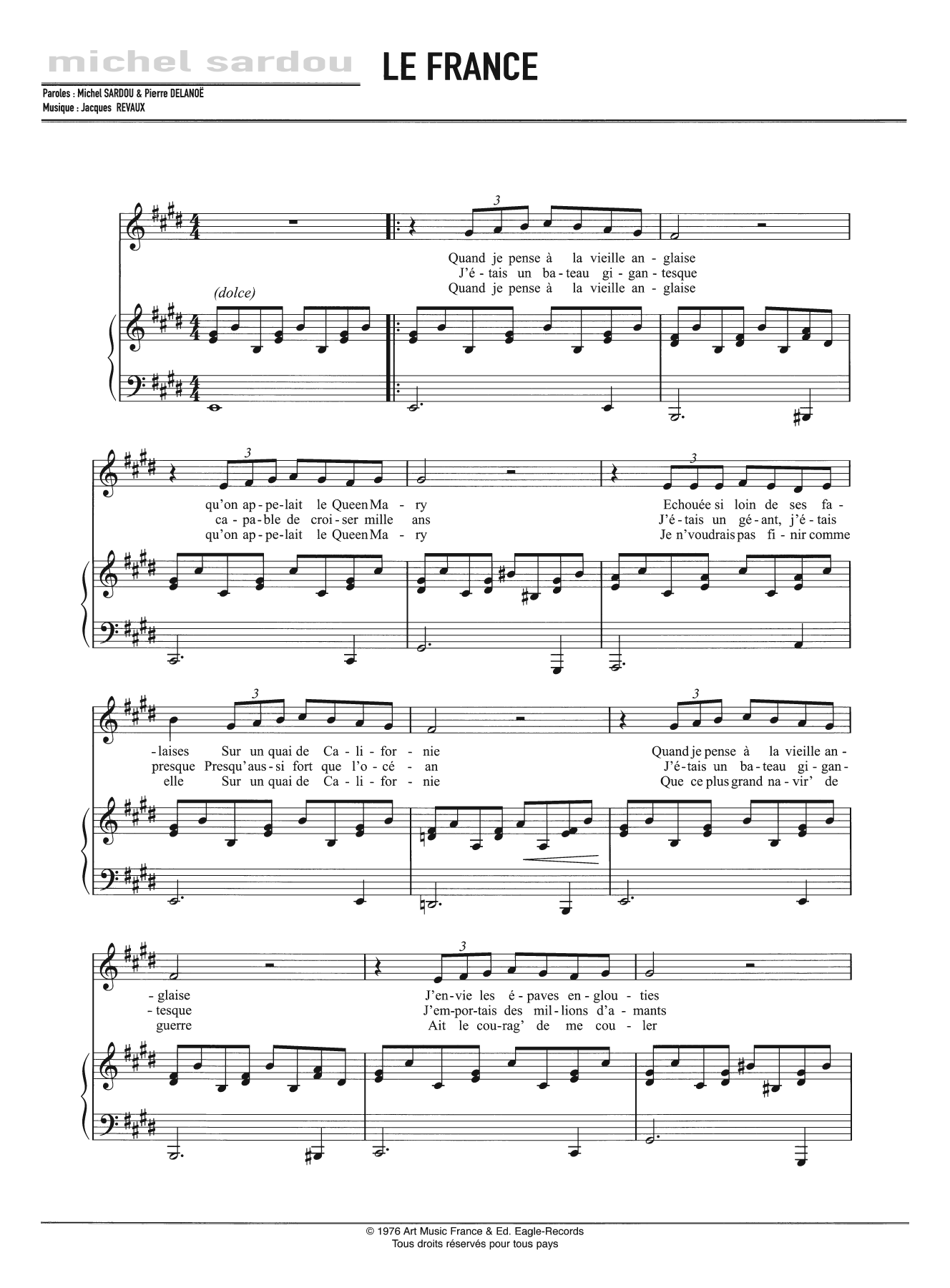 Michel Sardou Le France sheet music notes and chords arranged for Piano, Vocal & Guitar Chords
