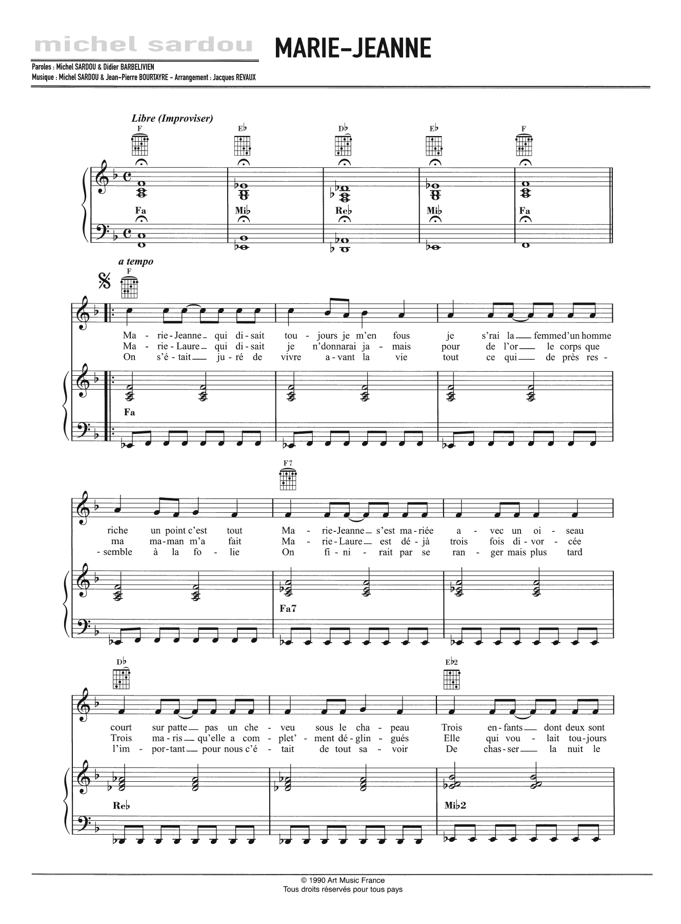 Michel Sardou Marie-Jeanne sheet music notes and chords arranged for Piano, Vocal & Guitar Chords