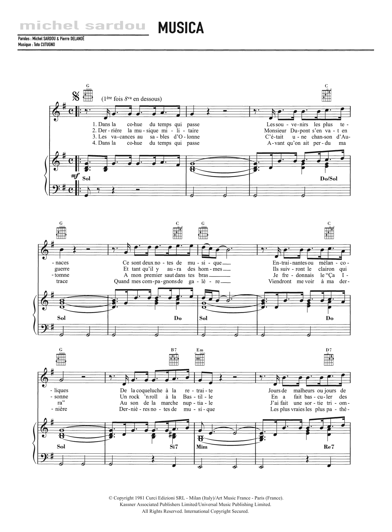 Michel Sardou Musica sheet music notes and chords arranged for Piano, Vocal & Guitar Chords