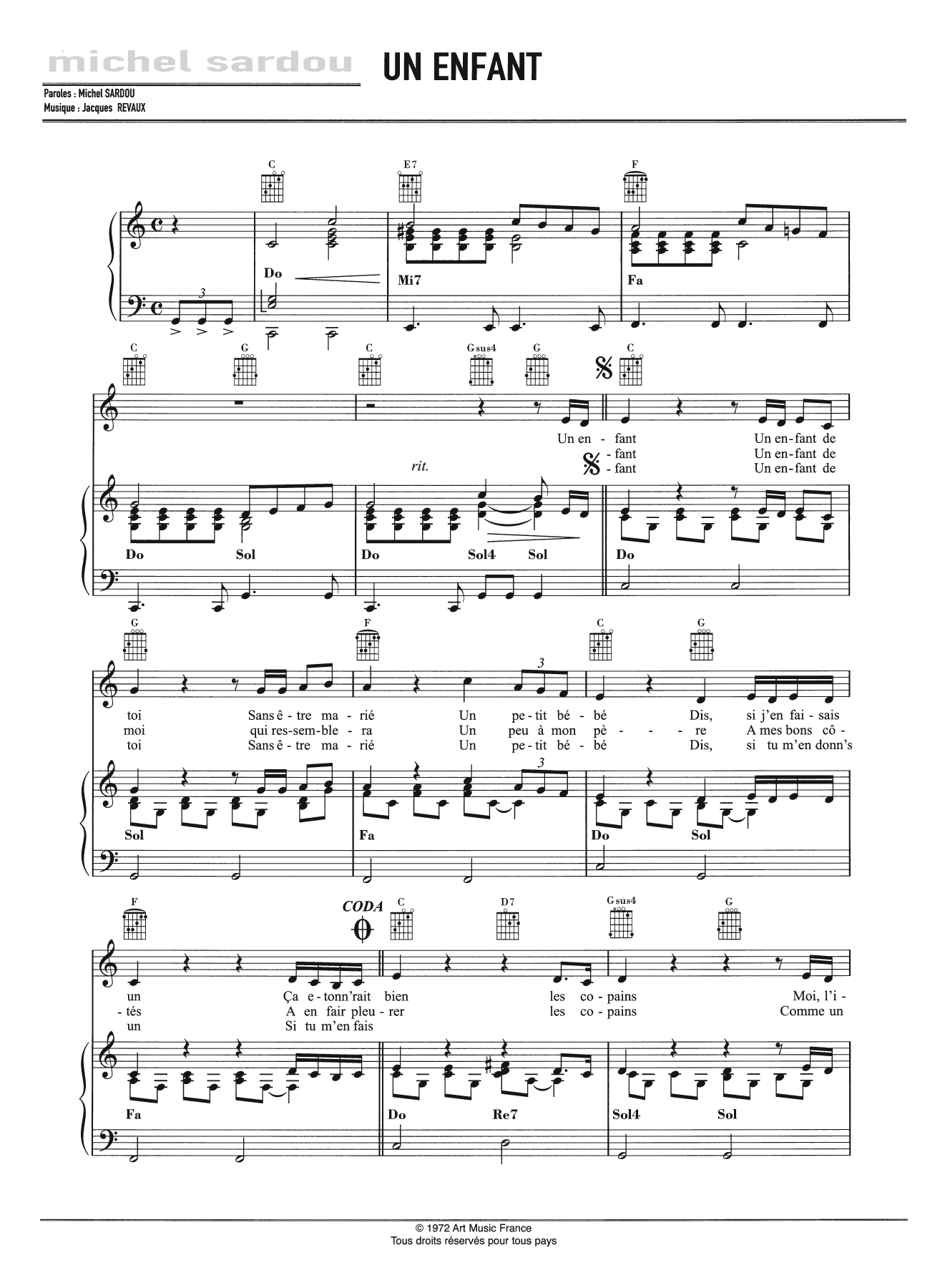 Michel Sardou Un Enfant sheet music notes and chords arranged for Piano, Vocal & Guitar Chords