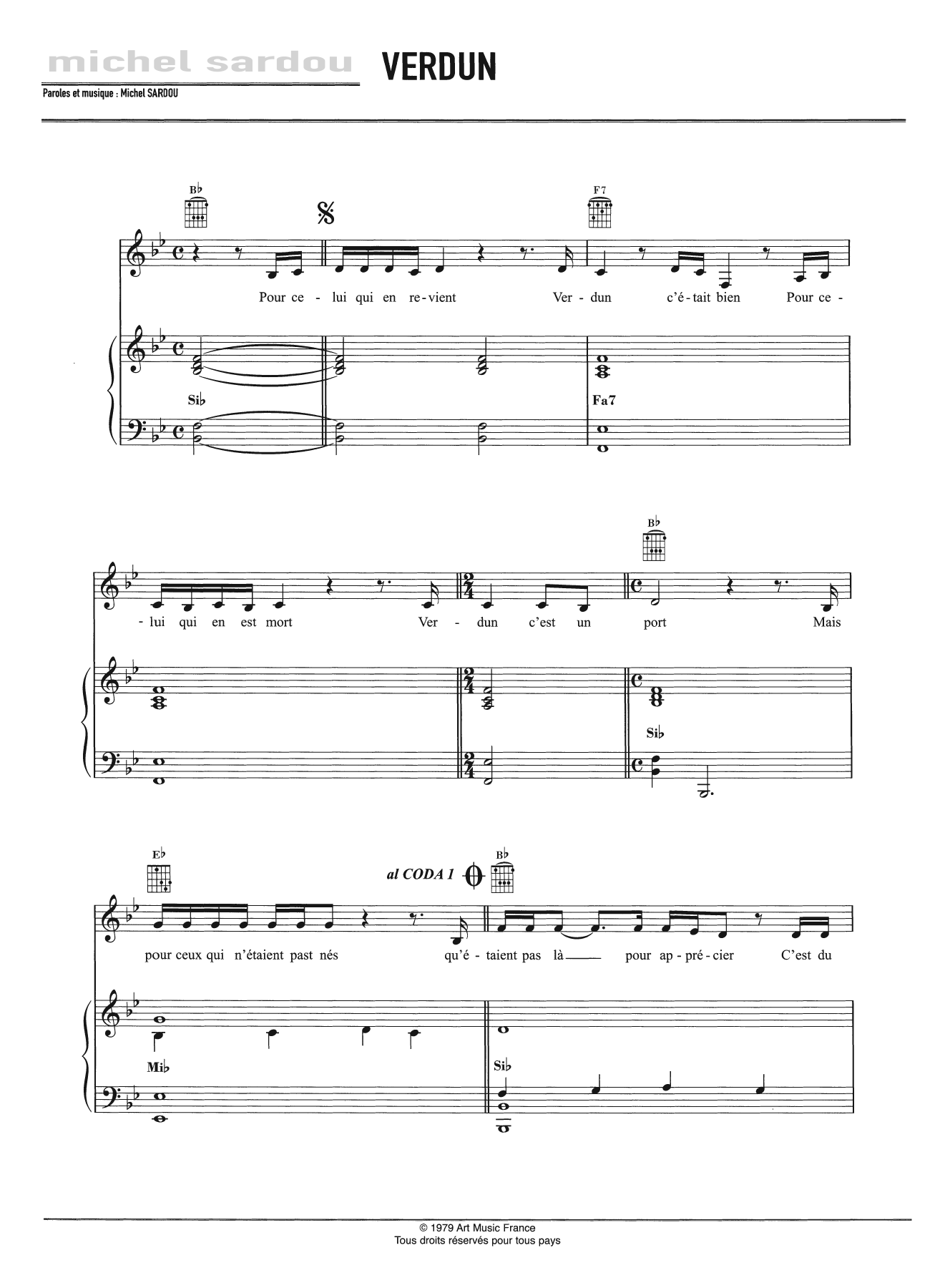Michel Sardou Verdun sheet music notes and chords arranged for Piano, Vocal & Guitar Chords