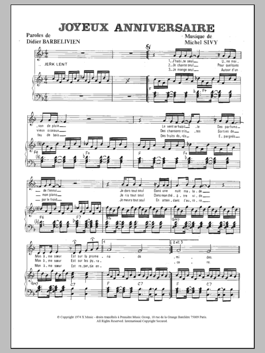 Michel Sivy Joyeux Anniversaire sheet music notes and chords arranged for Piano & Vocal