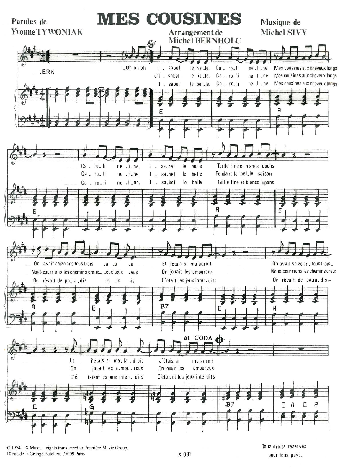 Michel Sivy Mes Cousines sheet music notes and chords arranged for Piano & Vocal