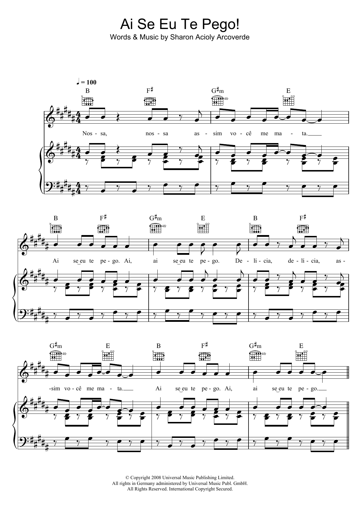 Michel Telo Ai Se Eu Te Pego sheet music notes and chords arranged for Piano, Vocal & Guitar Chords
