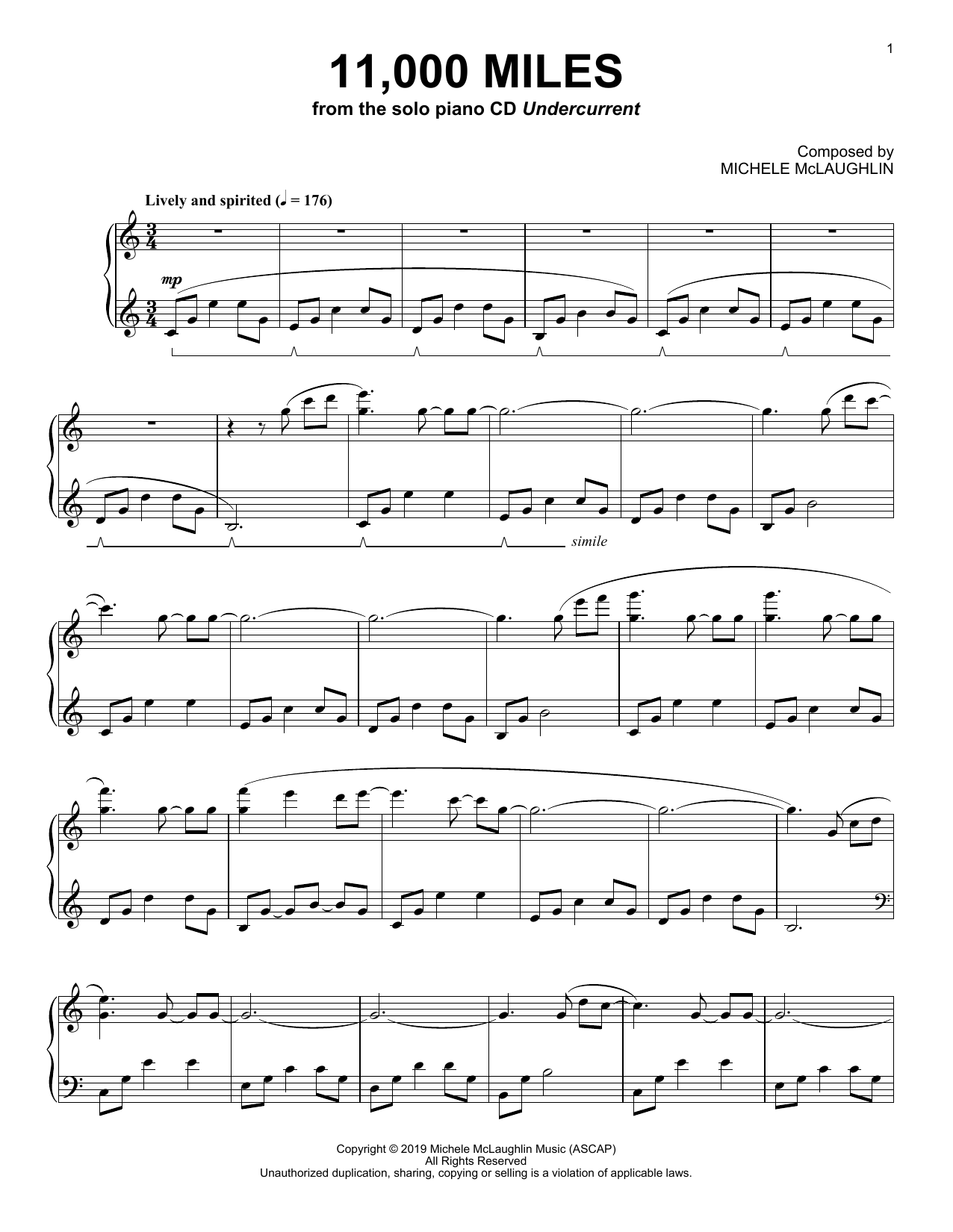Michele McLaughlin 11,000 Miles sheet music notes and chords arranged for Piano Solo
