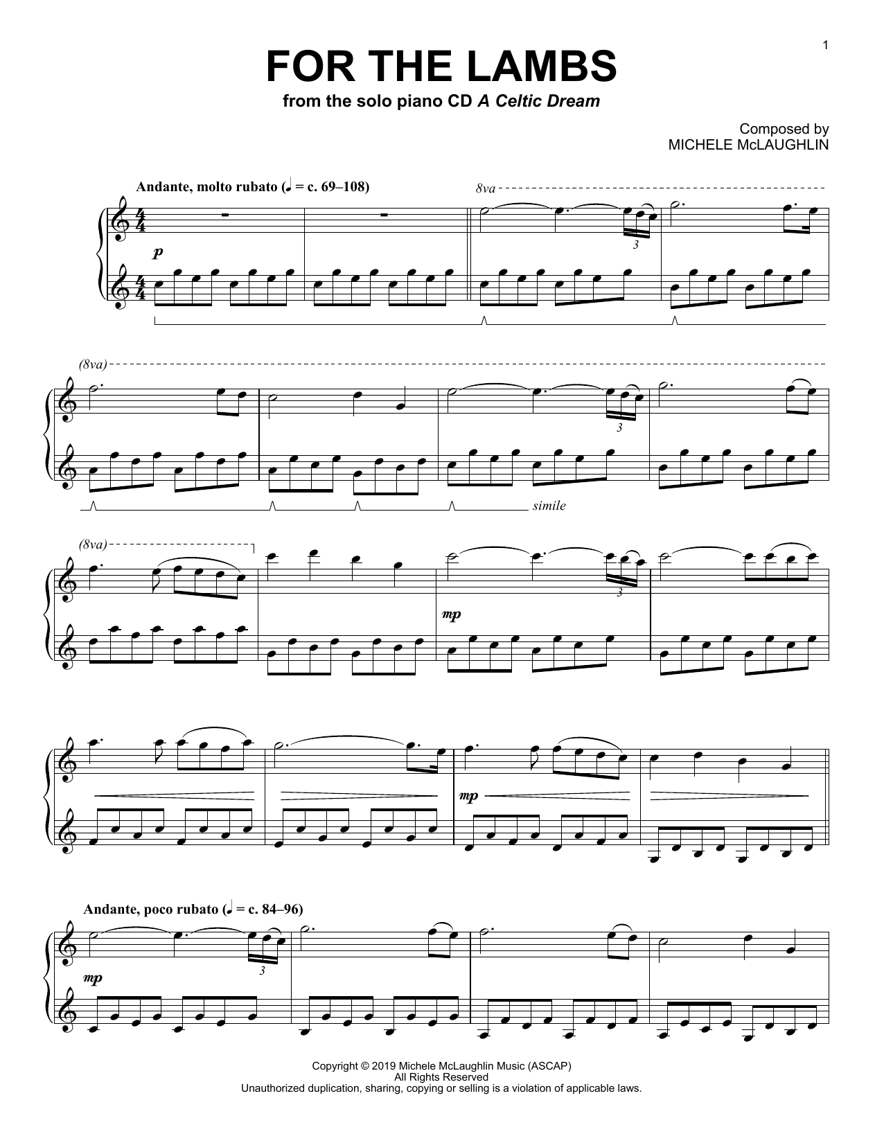 Michele McLaughlin For The Lambs sheet music notes and chords arranged for Piano Solo