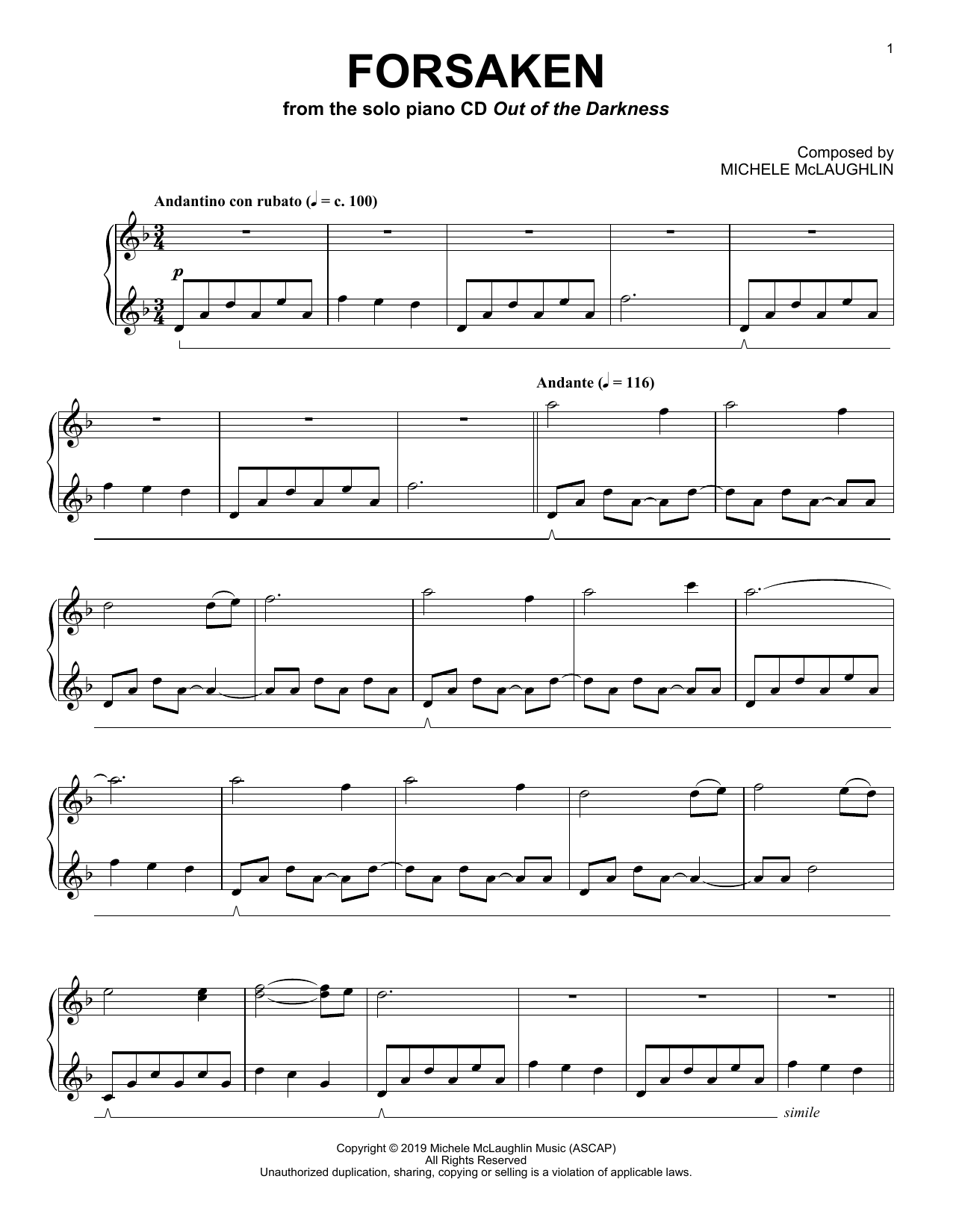 Michele McLaughlin Forsaken sheet music notes and chords arranged for Piano Solo