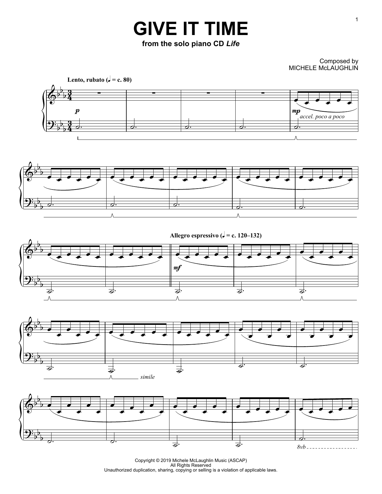 Michele McLaughlin Give It Time sheet music notes and chords arranged for Piano Solo