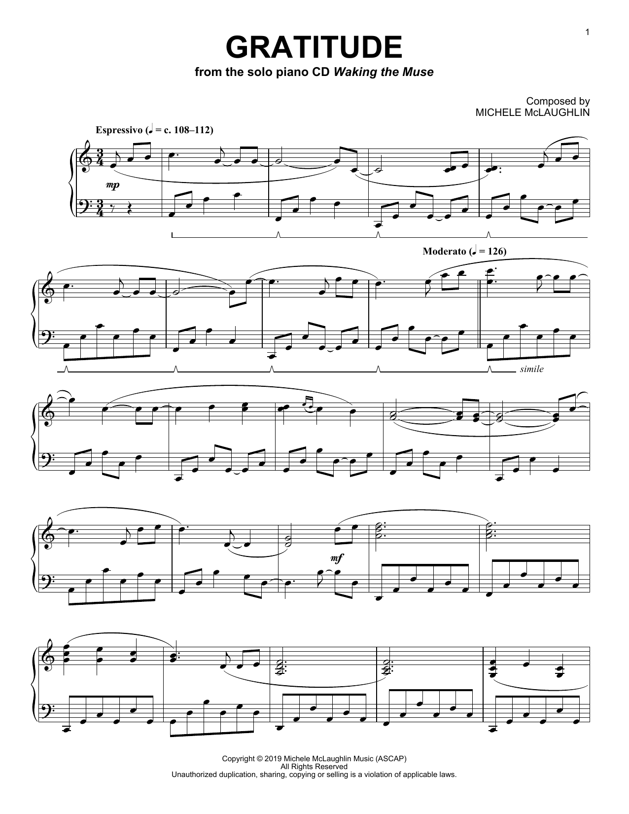 Michele McLaughlin Gratitude sheet music notes and chords arranged for Piano Solo