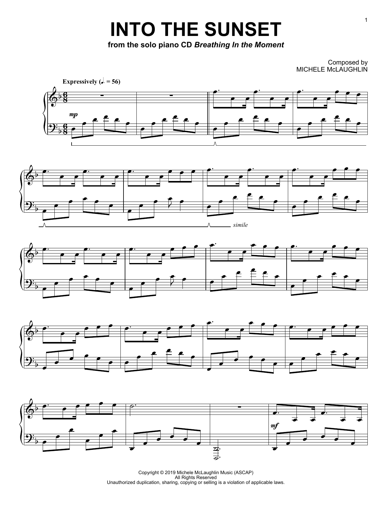 Michele McLaughlin Into The Sunset sheet music notes and chords arranged for Piano Solo