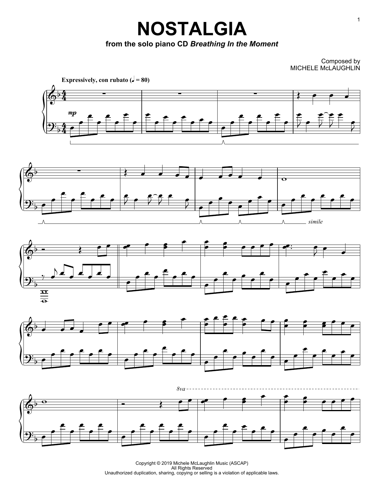 Michele McLaughlin Nostalgia sheet music notes and chords arranged for Piano Solo
