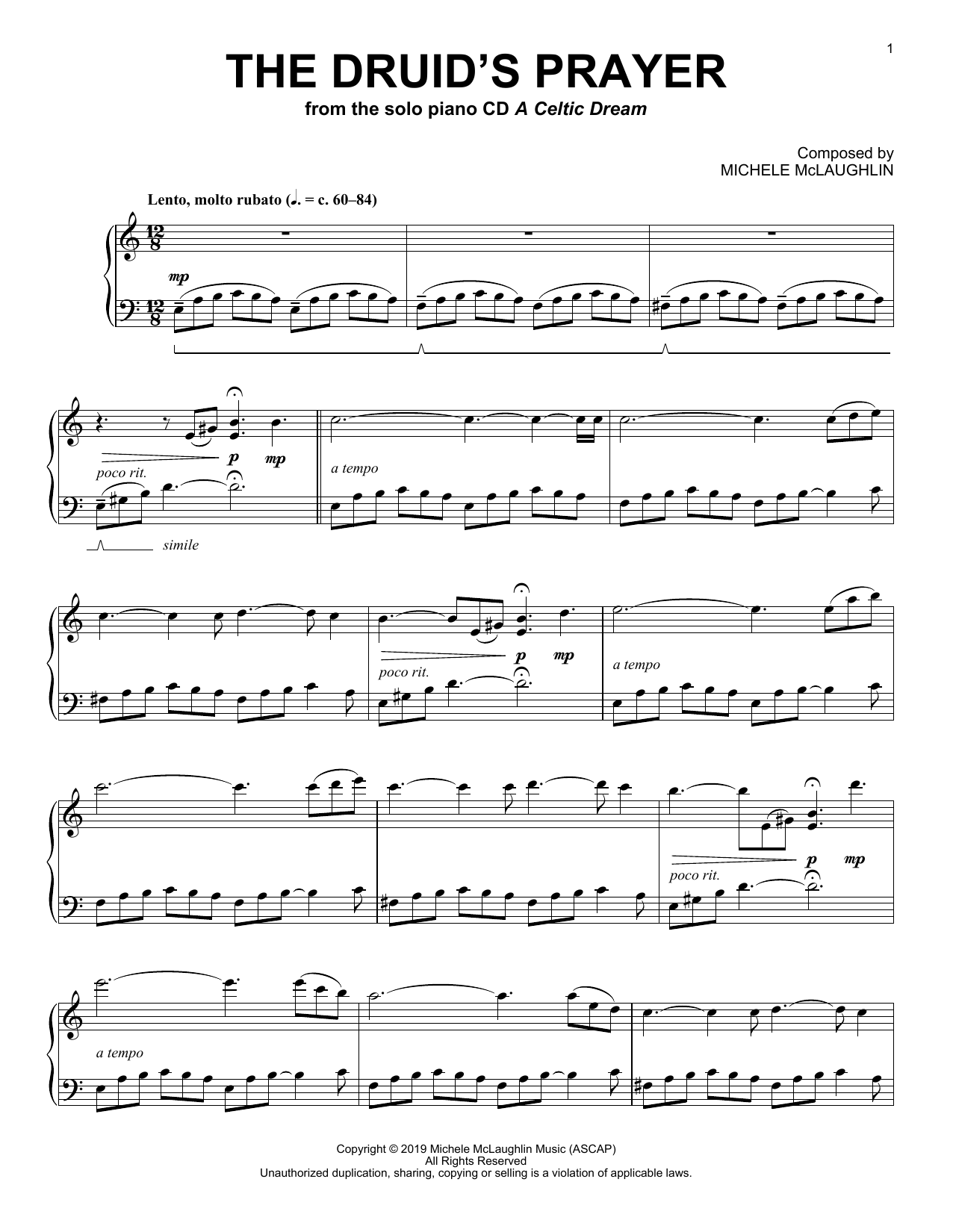 Michele McLaughlin The Druid's Prayer sheet music notes and chords arranged for Piano Solo