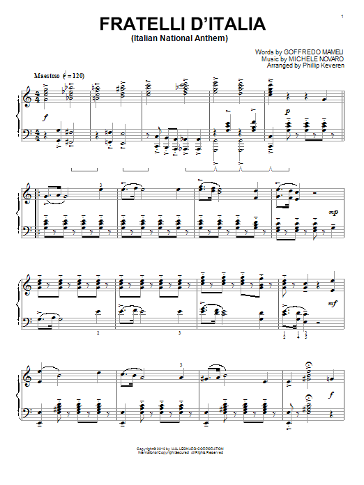 Michele Novaro Italian National Anthem (Fratelli d'Italia) (arr. Phillip Keveren) sheet music notes and chords arranged for Piano Solo