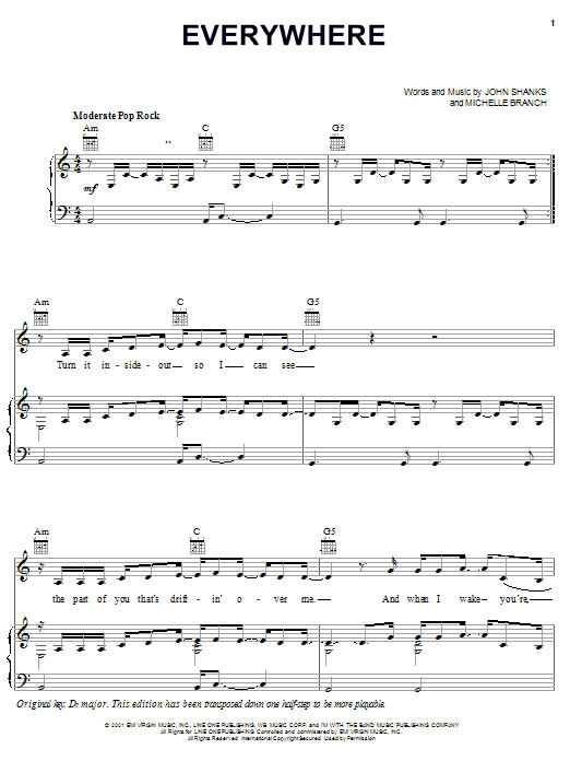 Michelle Branch Everywhere sheet music notes and chords arranged for Piano, Vocal & Guitar Chords (Right-Hand Melody)