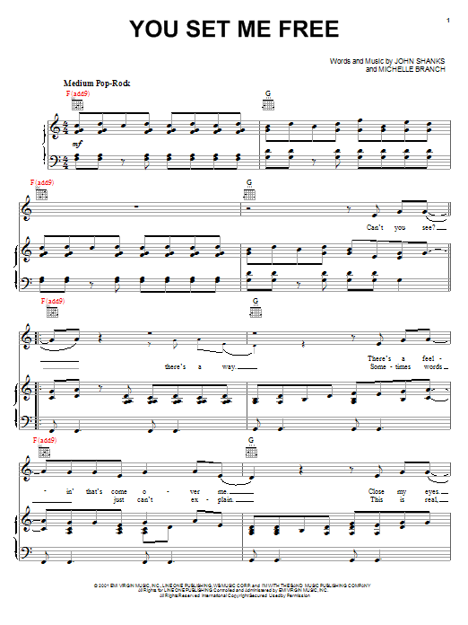 Michelle Branch You Set Me Free sheet music notes and chords arranged for Piano, Vocal & Guitar Chords (Right-Hand Melody)