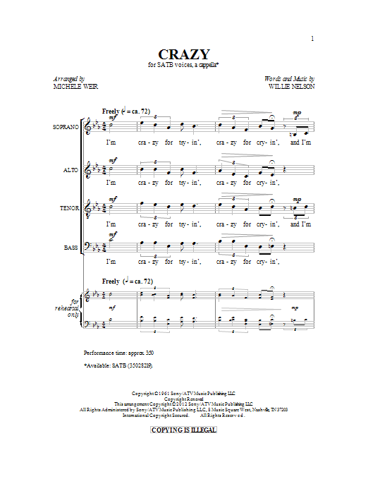 Michelle Weir Crazy sheet music notes and chords arranged for SATB Choir