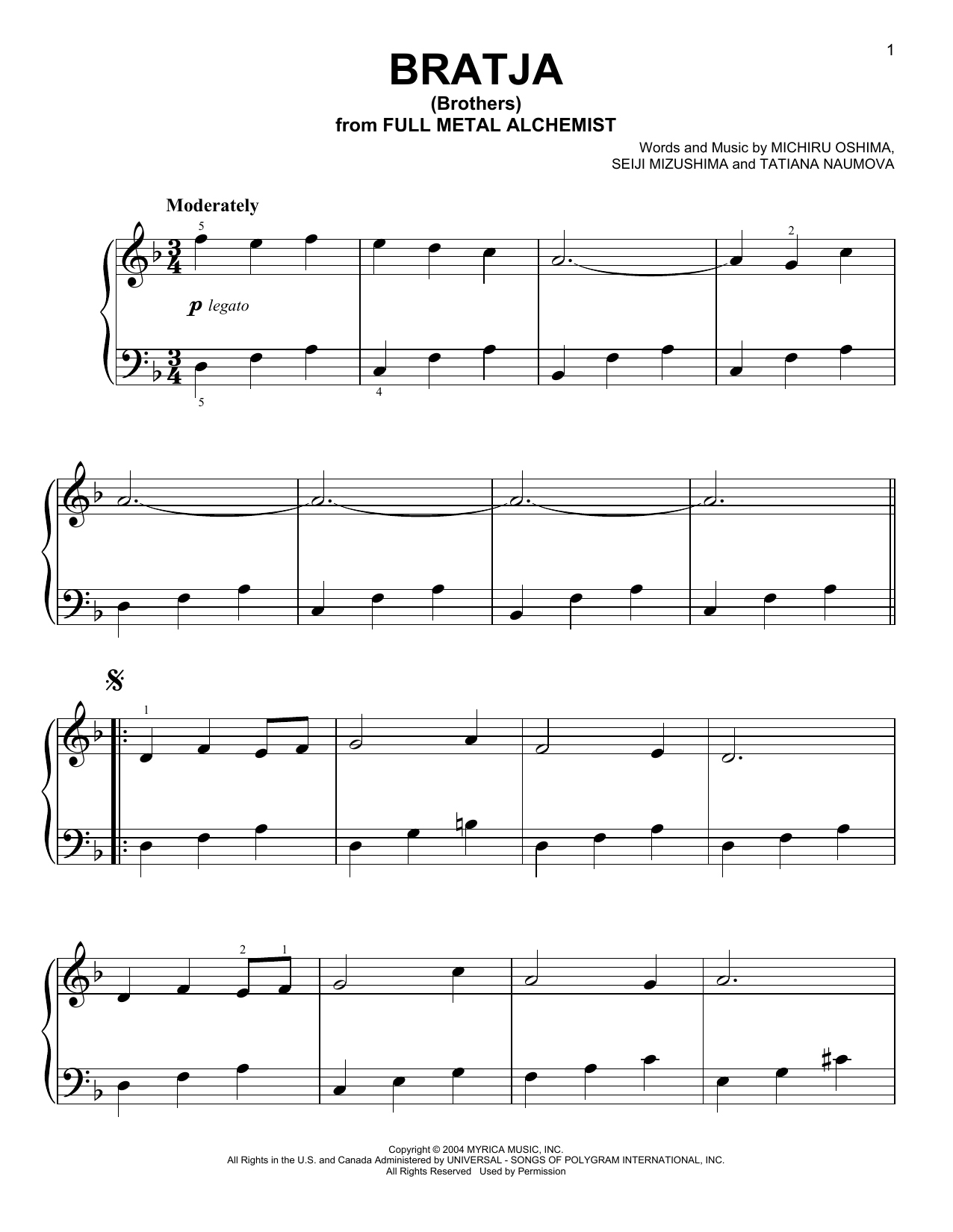 Michiru Oshima, Seiji Mizushima & Tatiana Naumova Bratja (Brothers) (from Fullmetal Alchemist) sheet music notes and chords arranged for Easy Piano