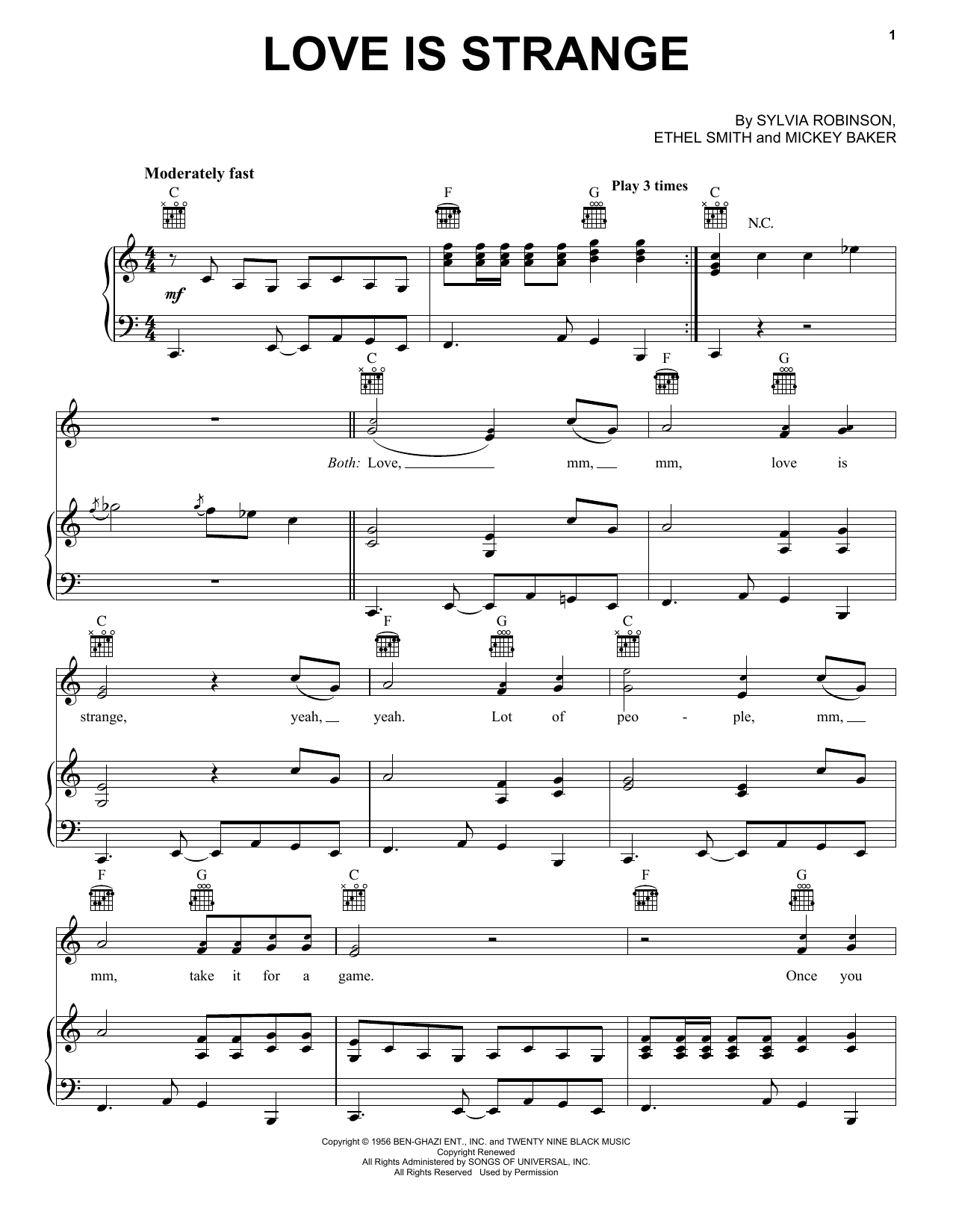 Mickey & Sylvia Love Is Strange sheet music notes and chords arranged for Piano, Vocal & Guitar Chords (Right-Hand Melody)