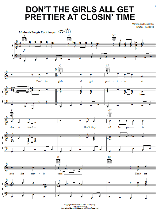 Mickey Gilley Don't The Girls All Get Prettier At Closin' Time sheet music notes and chords arranged for Piano, Vocal & Guitar Chords (Right-Hand Melody)