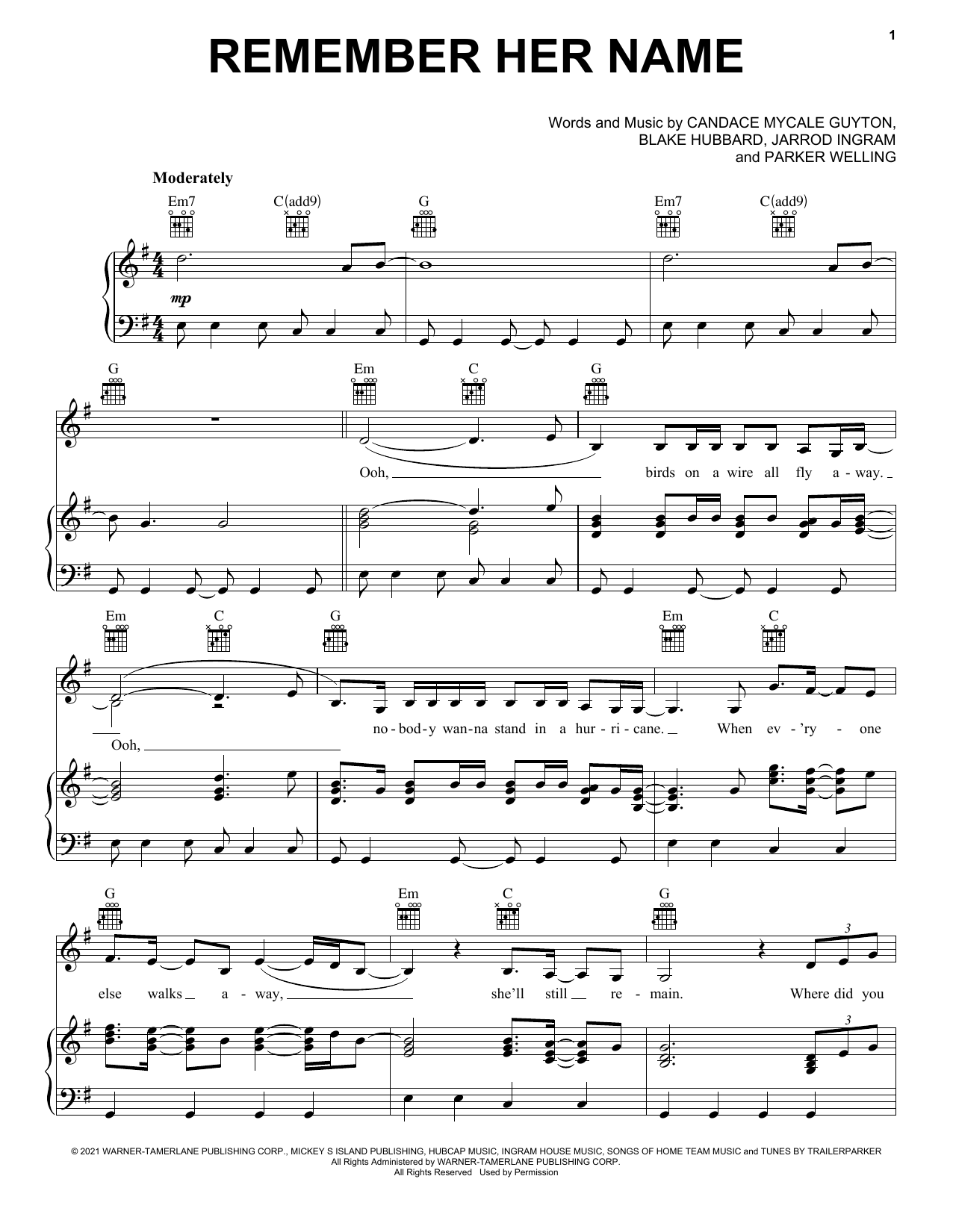 Mickey Guyton Remember Her Name sheet music notes and chords arranged for Piano, Vocal & Guitar Chords (Right-Hand Melody)