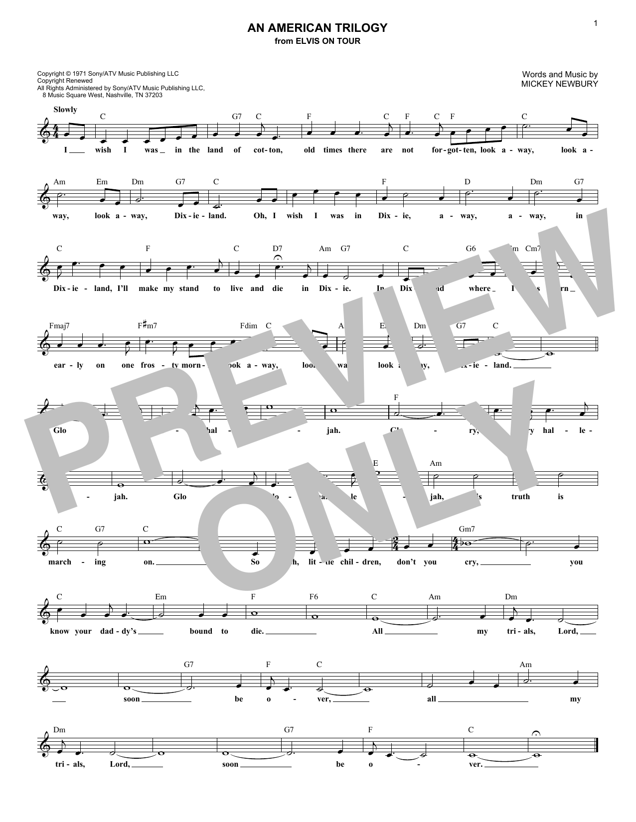 Mickey Newbury An American Trilogy sheet music notes and chords arranged for Lead Sheet / Fake Book