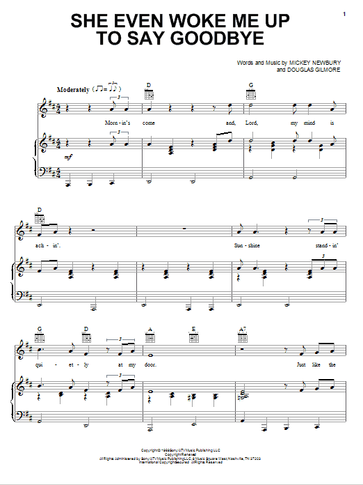 Mickey Newbury She Even Woke Me Up To Say Goodbye sheet music notes and chords arranged for Piano, Vocal & Guitar Chords (Right-Hand Melody)