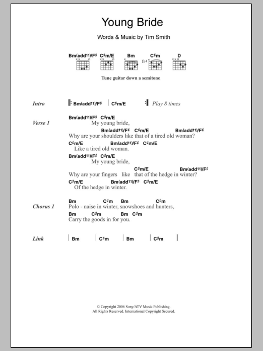 Midlake Young Bride sheet music notes and chords arranged for Guitar Chords/Lyrics