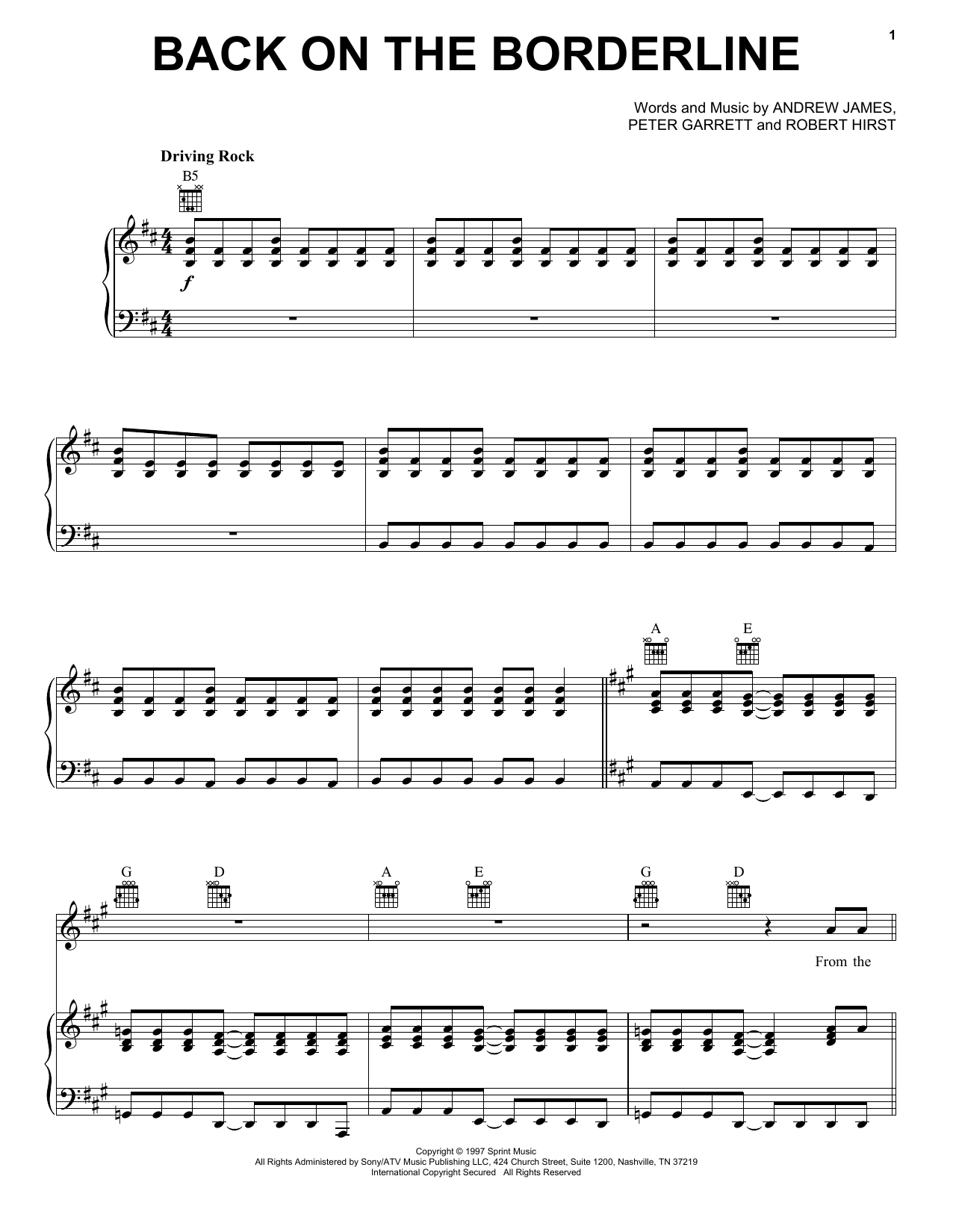 Midnight Oil Back On The Borderline sheet music notes and chords arranged for Piano, Vocal & Guitar Chords (Right-Hand Melody)