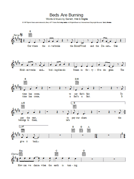 Midnight Oil Beds Are Burning sheet music notes and chords arranged for Beginner Piano