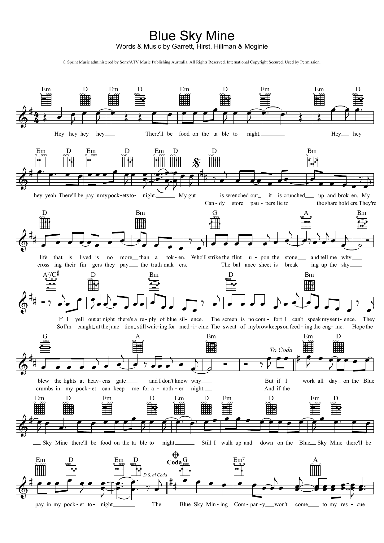 Midnight Oil Blue Sky Mine sheet music notes and chords arranged for Lead Sheet / Fake Book