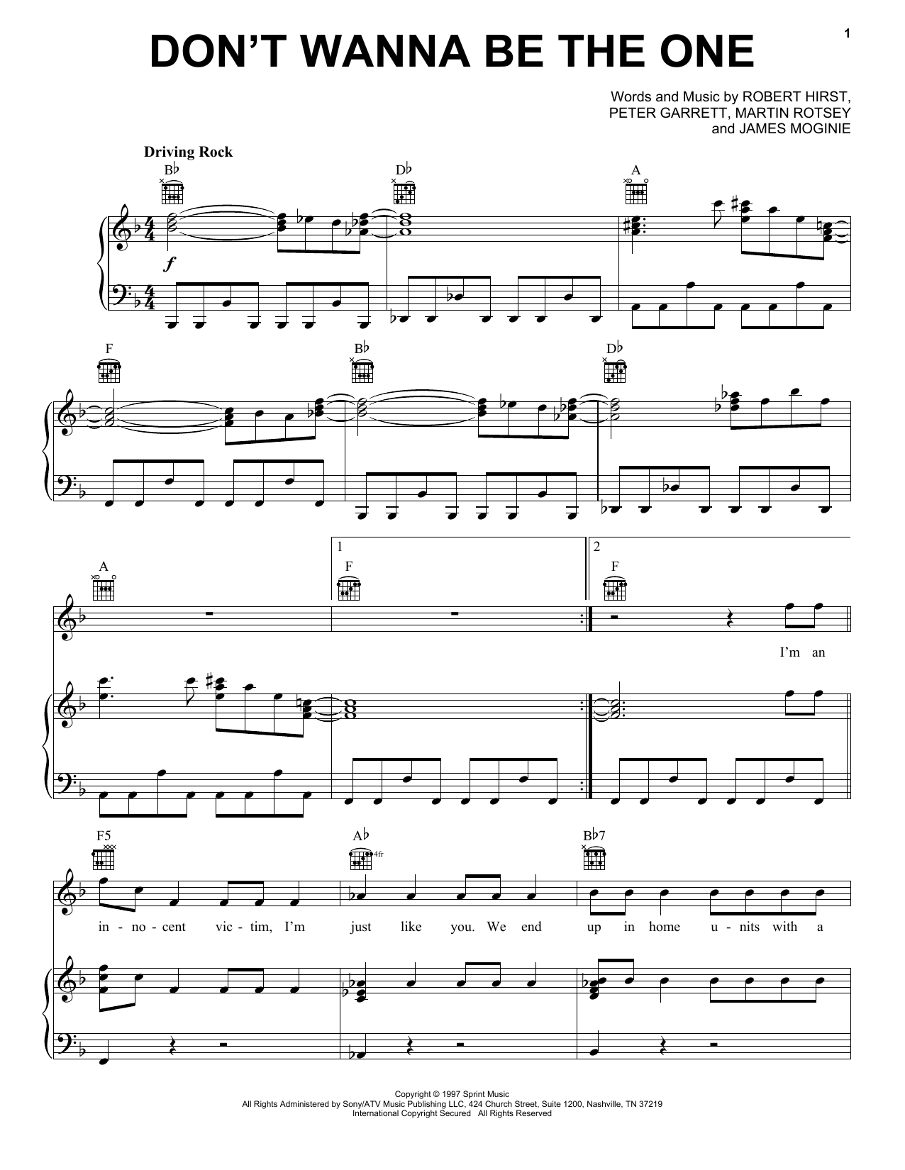 Midnight Oil Don't Wanna Be The One sheet music notes and chords arranged for Piano, Vocal & Guitar Chords (Right-Hand Melody)