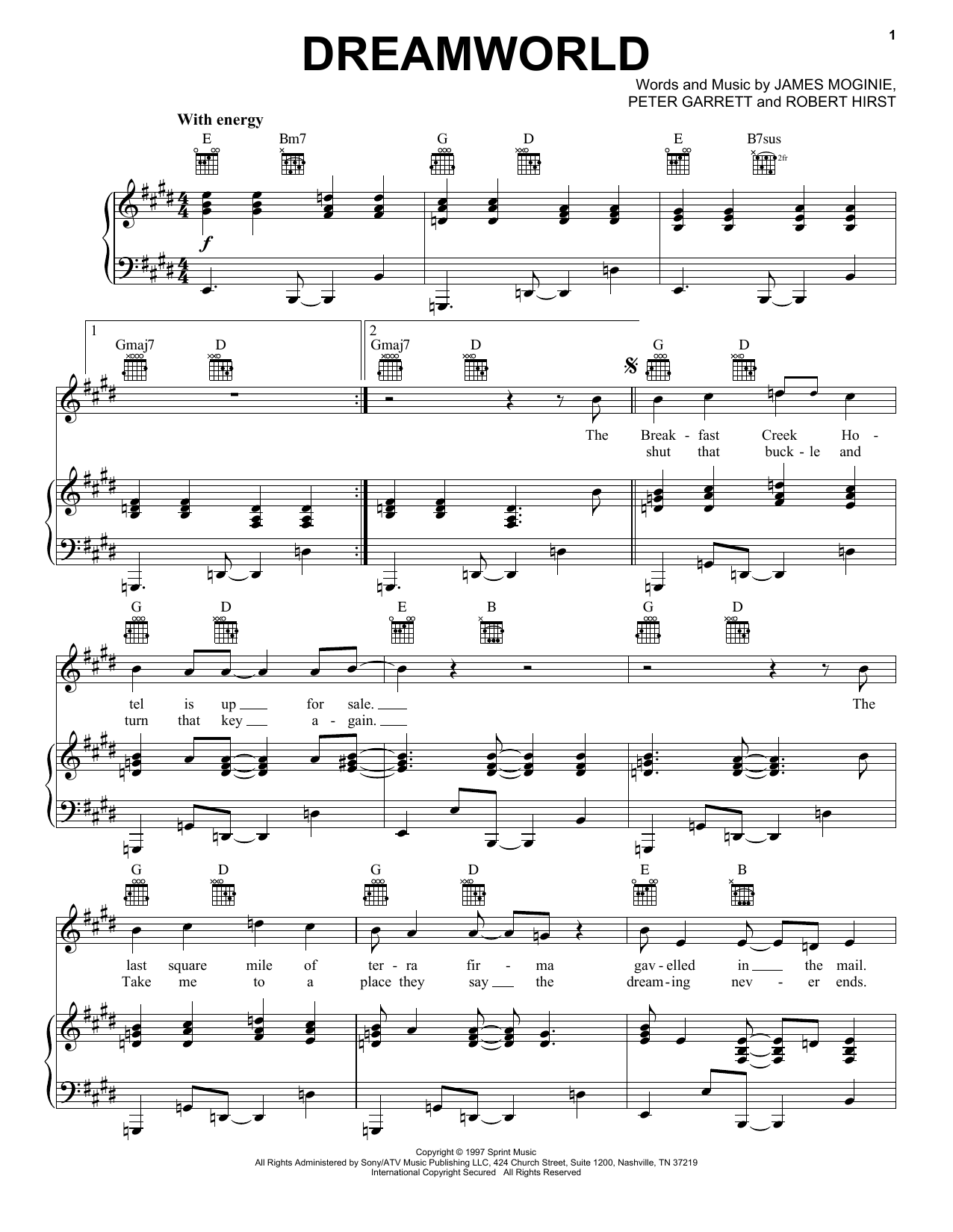 Midnight Oil Dreamworld sheet music notes and chords arranged for Piano, Vocal & Guitar Chords (Right-Hand Melody)