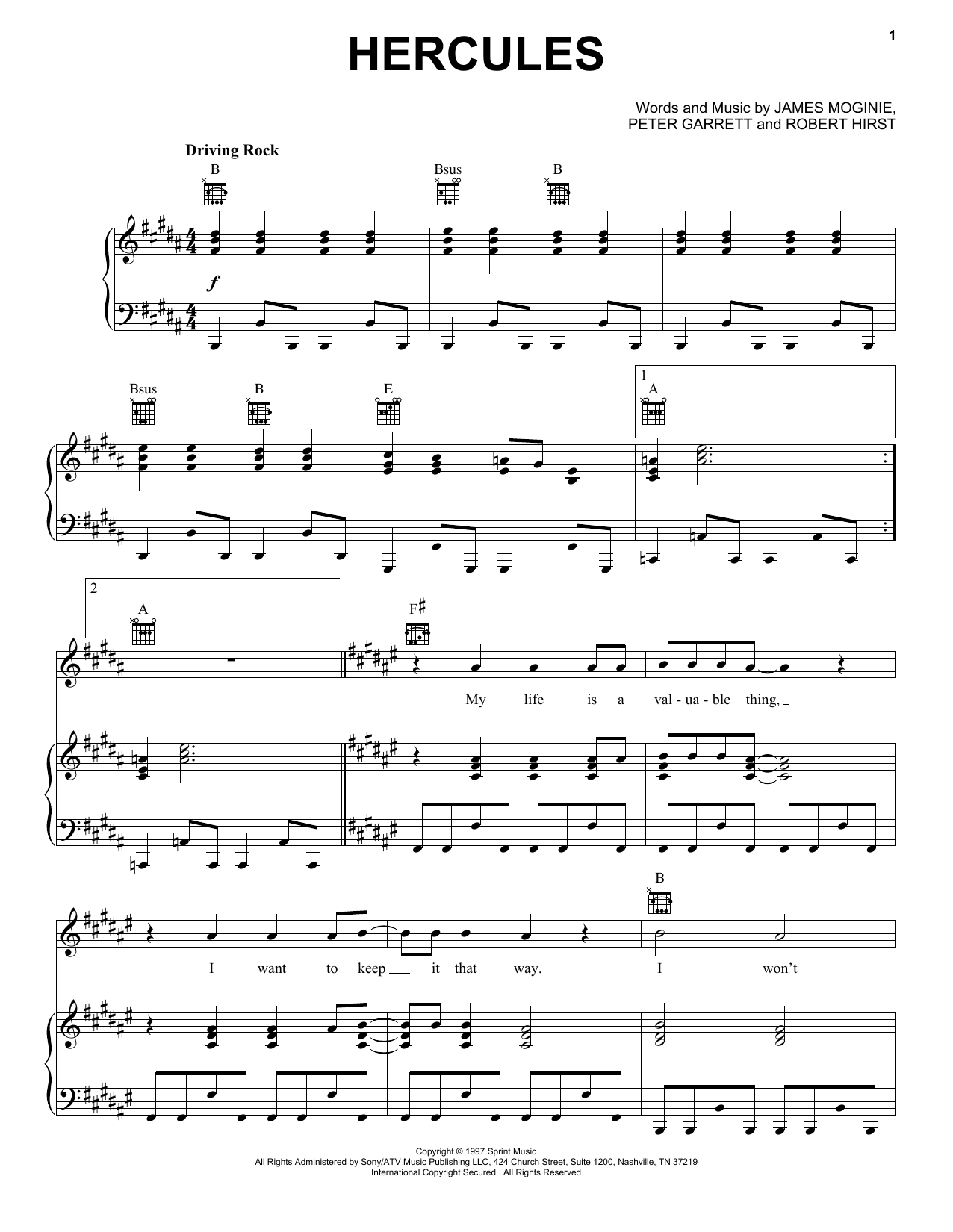 Midnight Oil Hercules sheet music notes and chords arranged for Piano, Vocal & Guitar Chords (Right-Hand Melody)