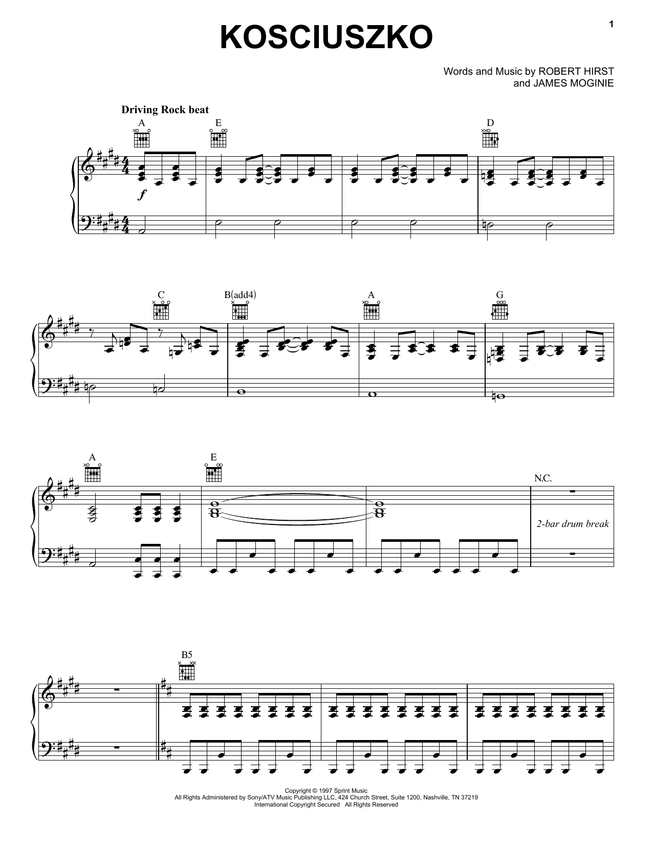 Midnight Oil Kosciuszko sheet music notes and chords arranged for Piano, Vocal & Guitar Chords (Right-Hand Melody)