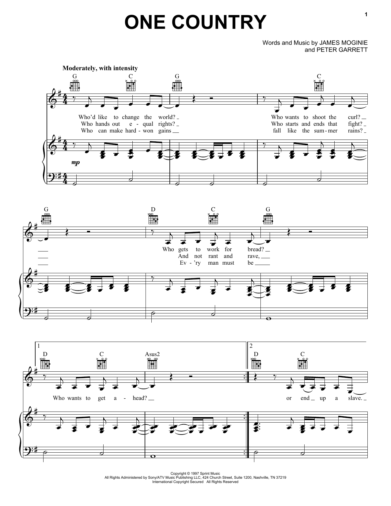 Midnight Oil One Country sheet music notes and chords arranged for Piano, Vocal & Guitar Chords (Right-Hand Melody)