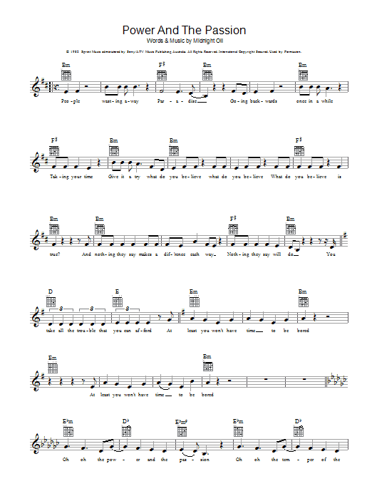 Midnight Oil Power And The Passion sheet music notes and chords arranged for Piano, Vocal & Guitar Chords (Right-Hand Melody)