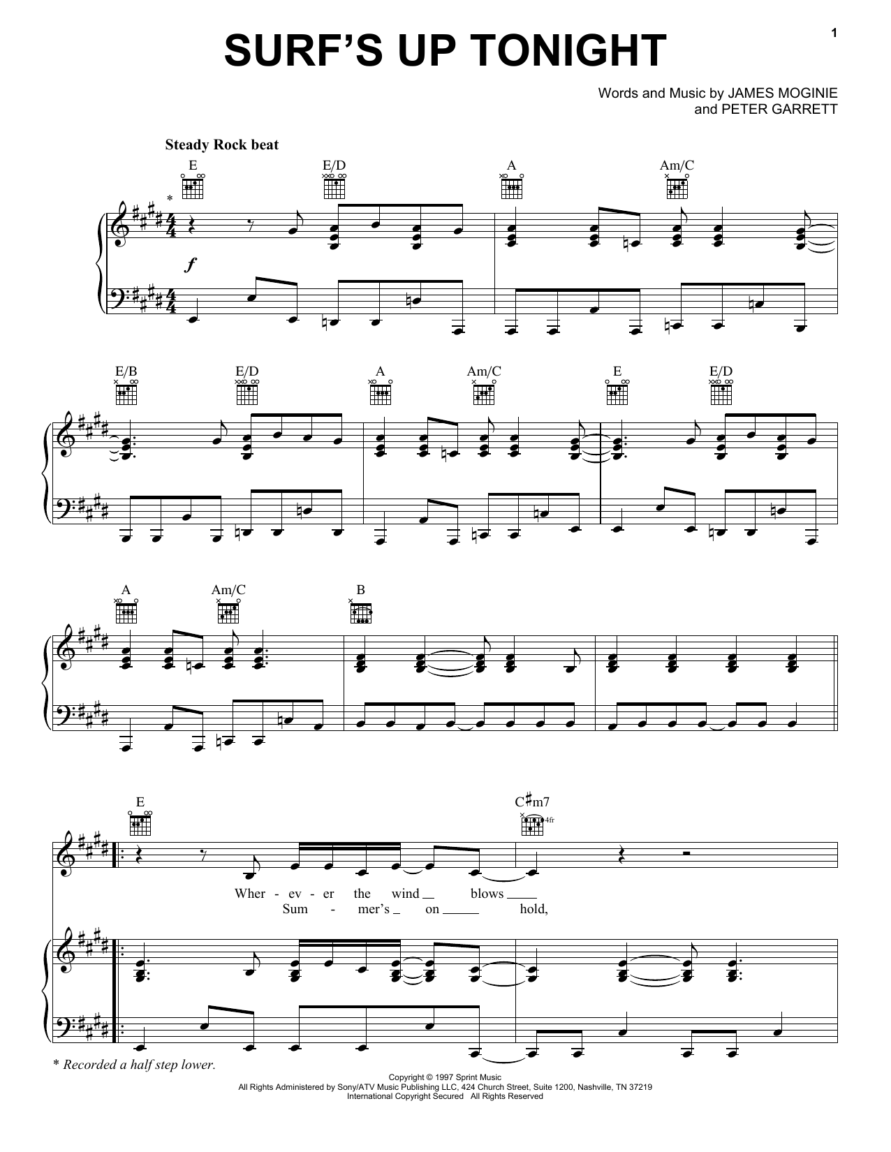 Midnight Oil Surf's Up Tonight sheet music notes and chords arranged for Piano, Vocal & Guitar Chords (Right-Hand Melody)