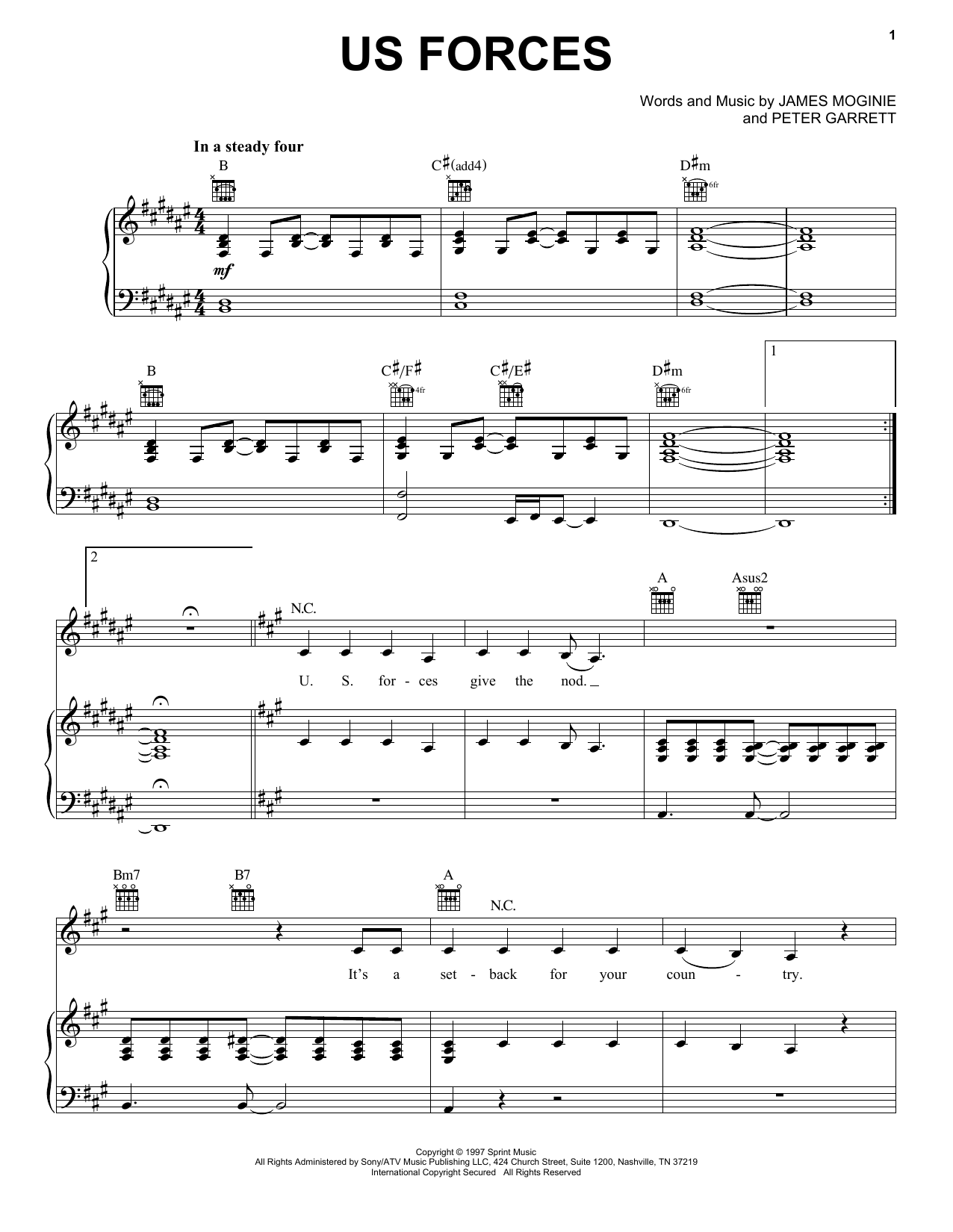 Midnight Oil US Forces sheet music notes and chords arranged for Piano, Vocal & Guitar Chords (Right-Hand Melody)