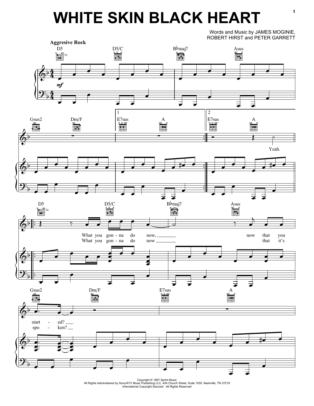 Midnight Oil White Skin Black Heart sheet music notes and chords arranged for Piano, Vocal & Guitar Chords (Right-Hand Melody)