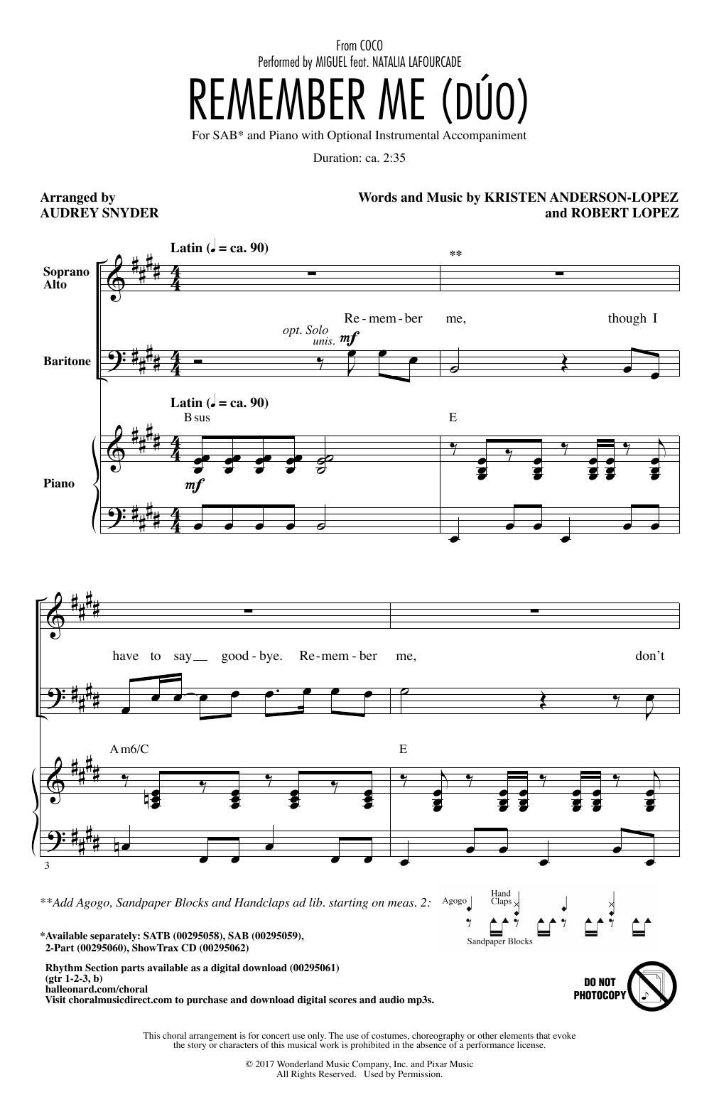 Miguel feat. Natalia Lafourcade Remember Me (Duo) (from Coco) (arr. Audrey Snyder) sheet music notes and chords arranged for SAB Choir